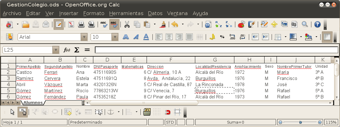 Ejemplo de datos de alumnos en una hoja de cálculo